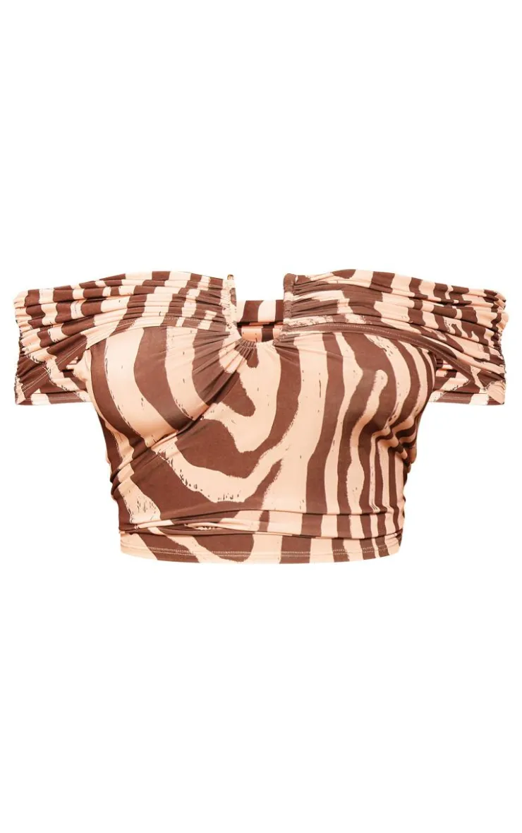 Best PrettyLittleThing Plus Animal Print Slinky Gold Trim Detail Bardot Top Brown