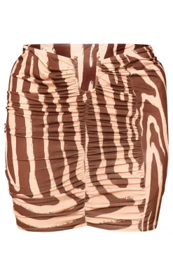 Clearance PrettyLittleThing Plus Animal Print Slinky Gold Trim Drape Detail Mini Skirt Brown