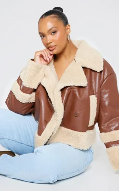 PrettyLittleThing Faux Leather Jackets*Plus Battered Faux Leather Faux Fur Trim Coat