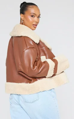 PrettyLittleThing Faux Leather Jackets*Plus Battered Faux Leather Faux Fur Trim Coat