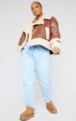 PrettyLittleThing Faux Leather Jackets*Plus Battered Faux Leather Faux Fur Trim Coat