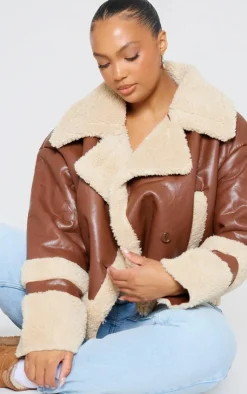 PrettyLittleThing Faux Leather Jackets*Plus Battered Faux Leather Faux Fur Trim Coat