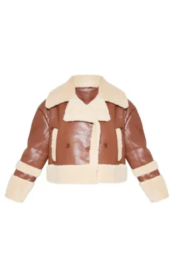 PrettyLittleThing Faux Leather Jackets*Plus Battered Faux Leather Faux Fur Trim Coat