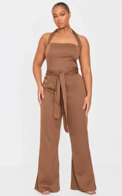 New PrettyLittleThing Plus Belt Detail Wide Leg Pants Brown