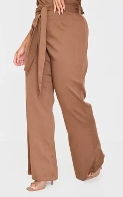 New PrettyLittleThing Plus Belt Detail Wide Leg Pants Brown