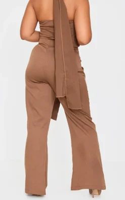 New PrettyLittleThing Plus Belt Detail Wide Leg Pants Brown