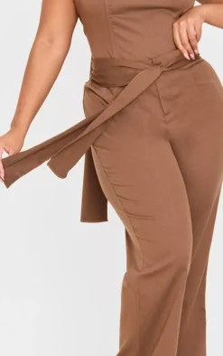 New PrettyLittleThing Plus Belt Detail Wide Leg Pants Brown