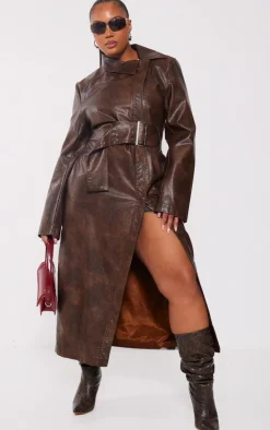 PrettyLittleThing Trench Coats*Plus Belted Oversized Faux Leather Trench Coat