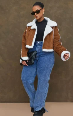 PrettyLittleThing Aviator Jackets*Plus Borg Lined Faux Suede Super Cropped Aviator