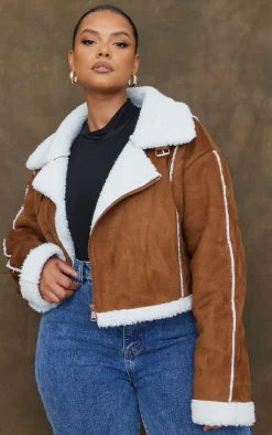 PrettyLittleThing Aviator Jackets*Plus Borg Lined Faux Suede Super Cropped Aviator