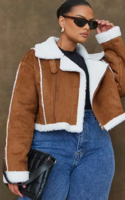 PrettyLittleThing Aviator Jackets*Plus Borg Lined Faux Suede Super Cropped Aviator