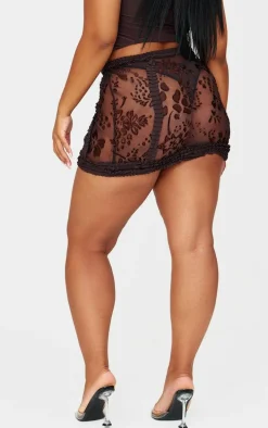 Plus Brown Devore Frill Detail Mini Skirt