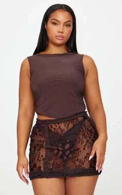 Plus Brown Devore Frill Detail Mini Skirt