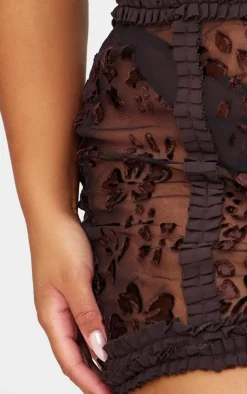 Plus Brown Devore Frill Detail Mini Skirt
