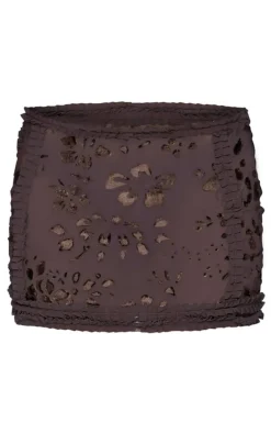 Plus Brown Devore Frill Detail Mini Skirt