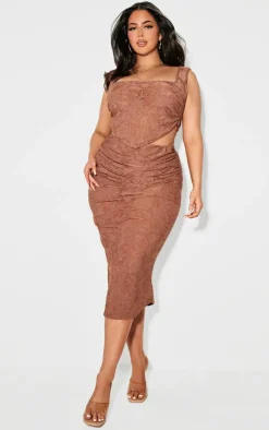 Best PrettyLittleThing Plus Devore Ruched Midi Skirt Brown
