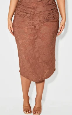 Best PrettyLittleThing Plus Devore Ruched Midi Skirt Brown