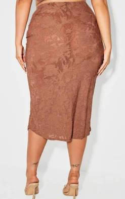 Best PrettyLittleThing Plus Devore Ruched Midi Skirt Brown