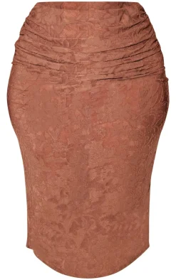 Best PrettyLittleThing Plus Devore Ruched Midi Skirt Brown