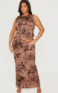 Hot PrettyLittleThing Plus Devore Ruched Side Sleeveless Top Brown
