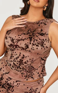 Hot PrettyLittleThing Plus Devore Ruched Side Sleeveless Top Brown