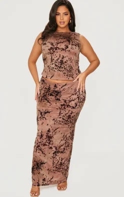 Online PrettyLittleThing Plus Devore Split Leg Maxi Skirt Brown