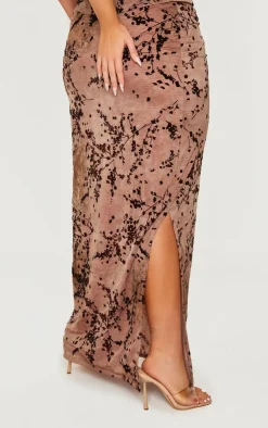 Online PrettyLittleThing Plus Devore Split Leg Maxi Skirt Brown