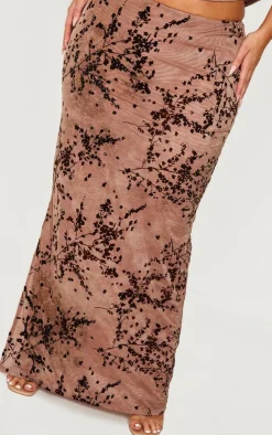 Online PrettyLittleThing Plus Devore Split Leg Maxi Skirt Brown