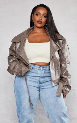 PrettyLittleThing Faux Leather Jackets*Plus Distressed Faux Leather Relaxed Fit Belted Biker Jacket