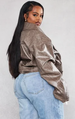 PrettyLittleThing Faux Leather Jackets*Plus Distressed Faux Leather Relaxed Fit Belted Biker Jacket