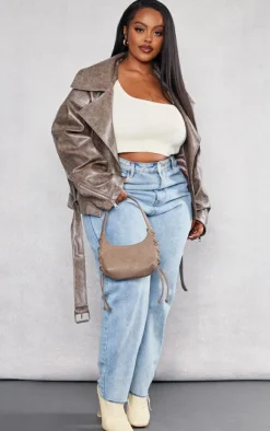 PrettyLittleThing Faux Leather Jackets*Plus Distressed Faux Leather Relaxed Fit Belted Biker Jacket