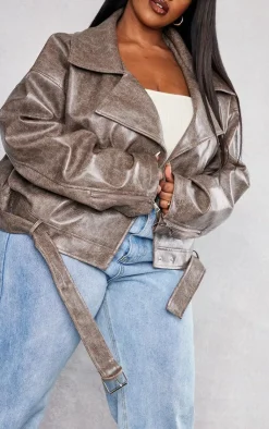 PrettyLittleThing Faux Leather Jackets*Plus Distressed Faux Leather Relaxed Fit Belted Biker Jacket