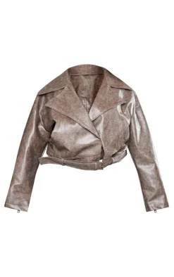 PrettyLittleThing Faux Leather Jackets*Plus Distressed Faux Leather Relaxed Fit Belted Biker Jacket