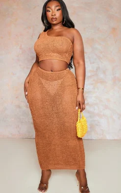 Best PrettyLittleThing Plus Distressed Knit Midi Skirt Brown