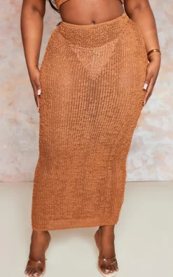 Best PrettyLittleThing Plus Distressed Knit Midi Skirt Brown