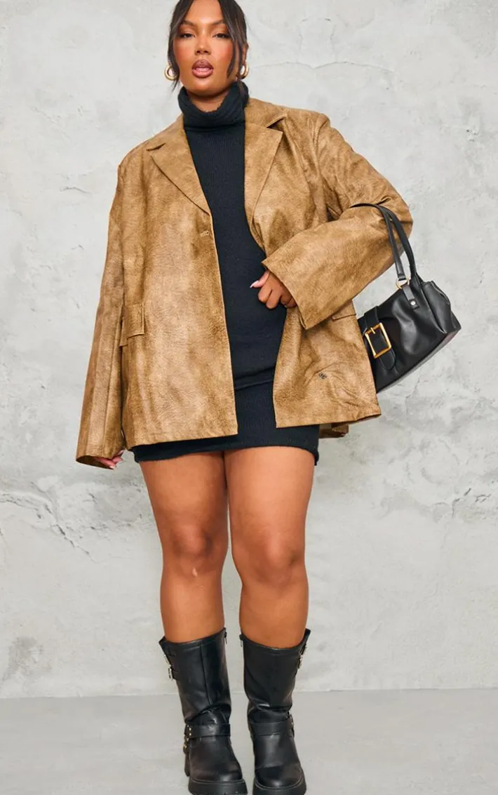 Plus Brown Distressed PU Oversized Shoulder Pad Blazer