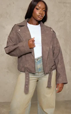 PrettyLittleThing Faux Leather Jackets*Plus Distressed Soft Faux Leather Oversized Biker Jacket