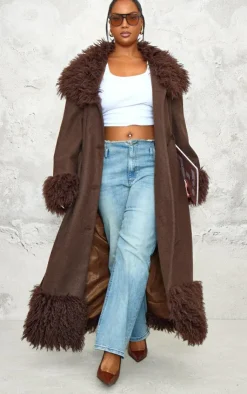PrettyLittleThing Faux Fur Coats*Plus Faux Fur Trim Constrast Wool Look Coat