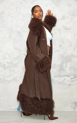 PrettyLittleThing Faux Fur Coats*Plus Faux Fur Trim Constrast Wool Look Coat