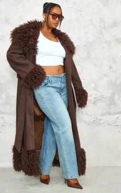 PrettyLittleThing Faux Fur Coats*Plus Faux Fur Trim Constrast Wool Look Coat