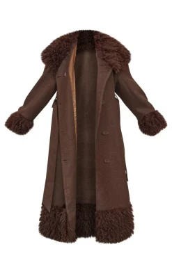 PrettyLittleThing Faux Fur Coats*Plus Faux Fur Trim Constrast Wool Look Coat