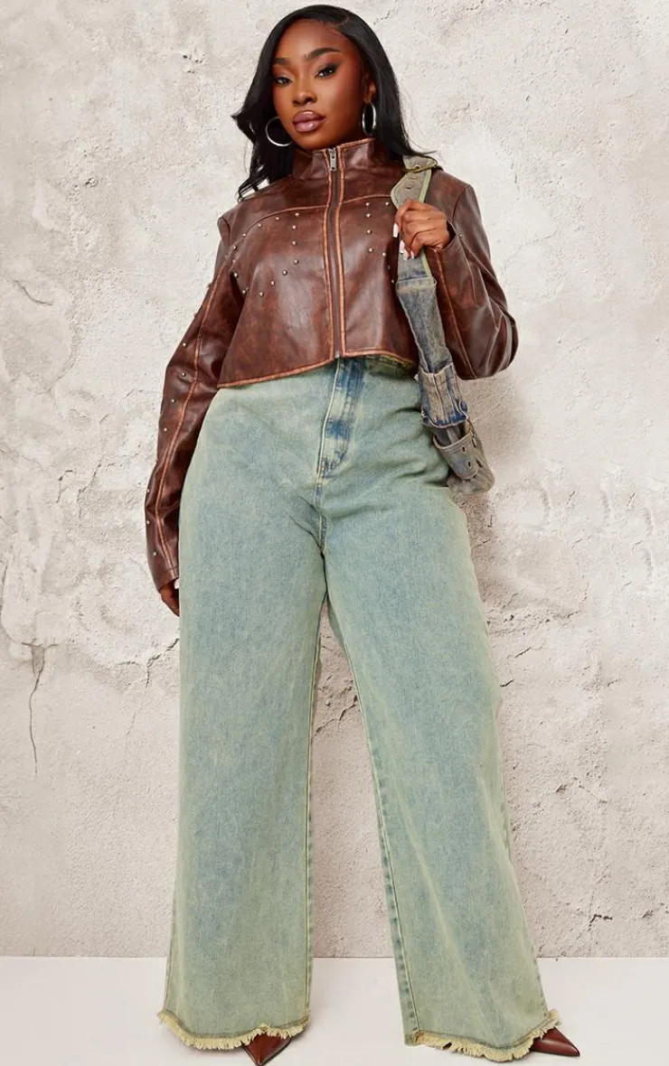 PrettyLittleThing Faux Leather Jackets*Plus Faux Leather Studded Cropped Jacket
