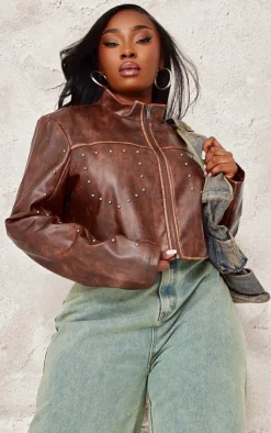 PrettyLittleThing Faux Leather Jackets*Plus Faux Leather Studded Cropped Jacket