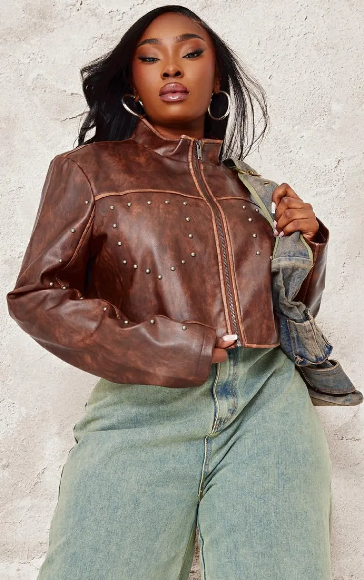 PrettyLittleThing Faux Leather Jackets*Plus Faux Leather Studded Cropped Jacket