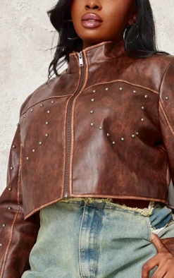 PrettyLittleThing Faux Leather Jackets*Plus Faux Leather Studded Cropped Jacket