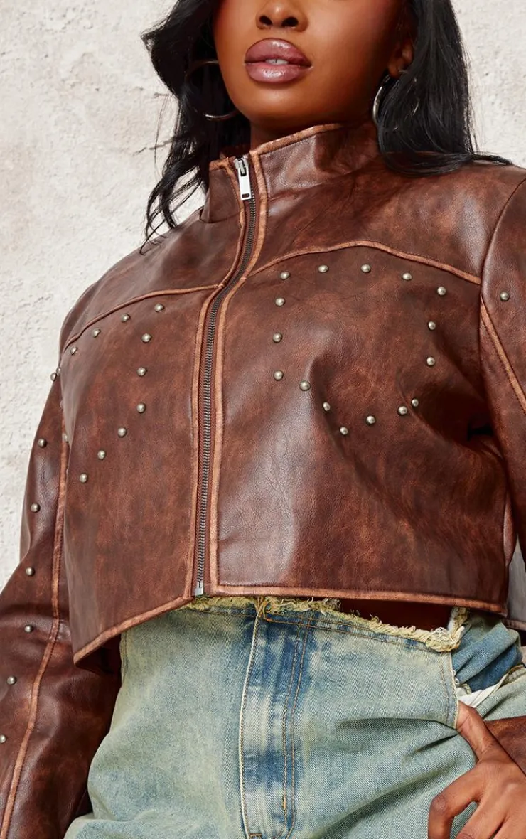 PrettyLittleThing Faux Leather Jackets*Plus Faux Leather Studded Cropped Jacket