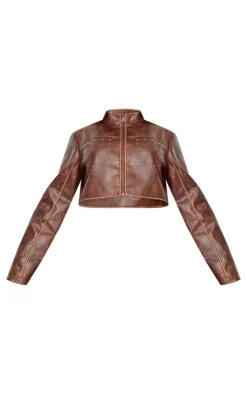 PrettyLittleThing Faux Leather Jackets*Plus Faux Leather Studded Cropped Jacket