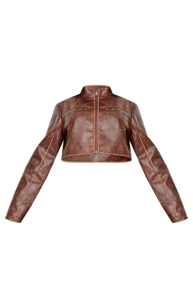 PrettyLittleThing Faux Leather Jackets*Plus Faux Leather Studded Cropped Jacket
