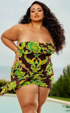 Discount PrettyLittleThing Plus Floral Boning Dipped Hem Corset Top Brown