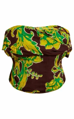 Discount PrettyLittleThing Plus Floral Boning Dipped Hem Corset Top Brown